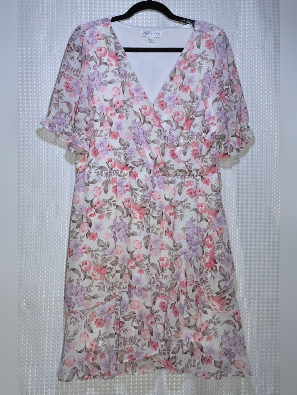 Pastel Floral Wrap Dress Romantic Feminine Ruffle Sleeve Garden Party Dress L - Picture 11 of 14
